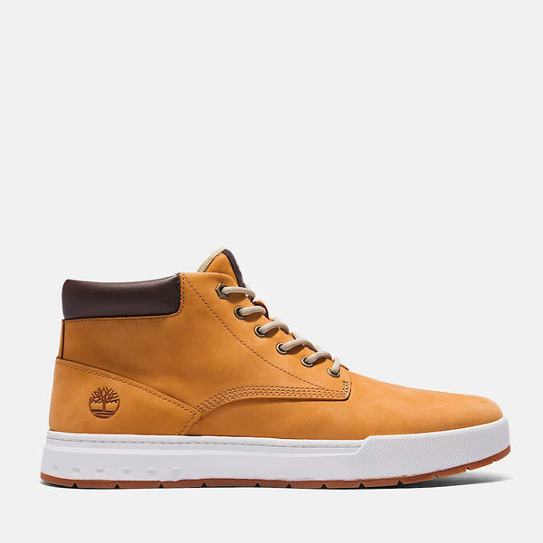 Yellow high-top sneaker with brown accents on a white background
