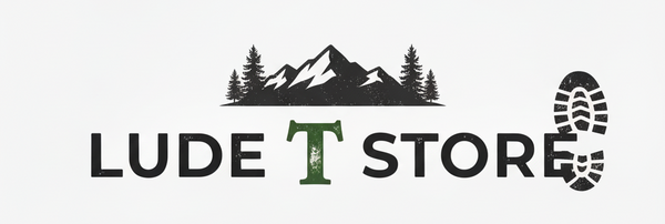 Logo of Lude Store with mountain and tree design on a white background