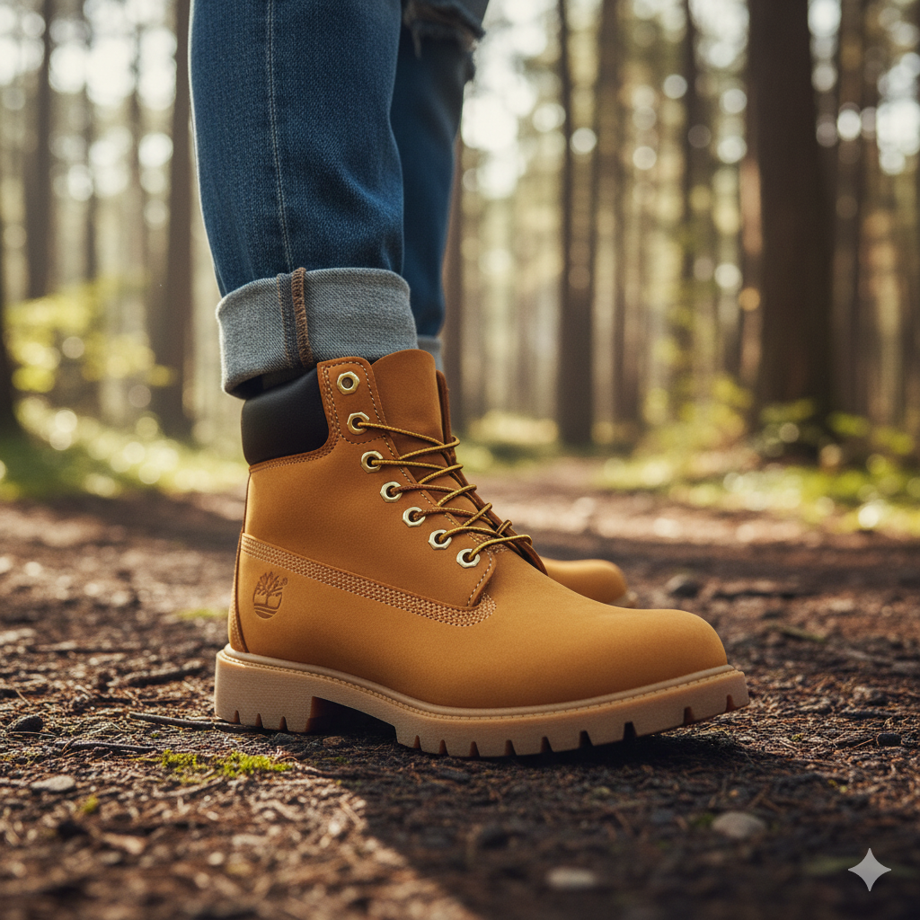Yellow Timberland boots worn in a forest setting