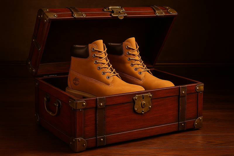 un baul antiguo de lujo con botas timberland